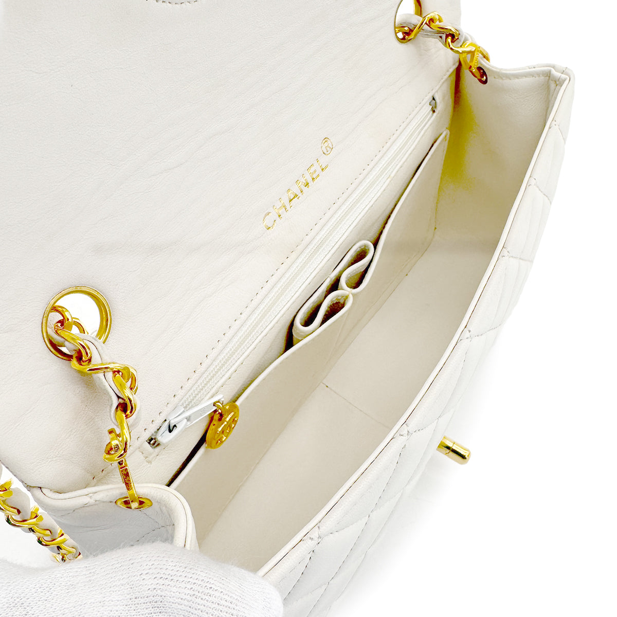 CHANEL VINTAGE FULL FLAP CHAIN SHOULDER BAG WHITE LAMB SKIN 90267470