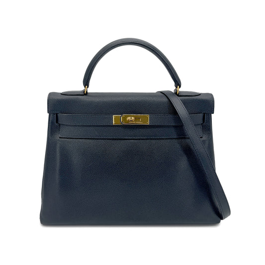 HERMES KELLY 32 RETOURNE BLUE INDIGO COUCHVEL HAND SHOULDER BAG 〇U GHW  90267753
