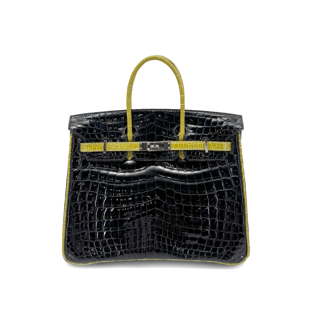 HERMES BIRKIN 25 BLACK CHARTREUSE CROCODILE NILOTICUS LISSE HAND BAG □H SHW 90267754