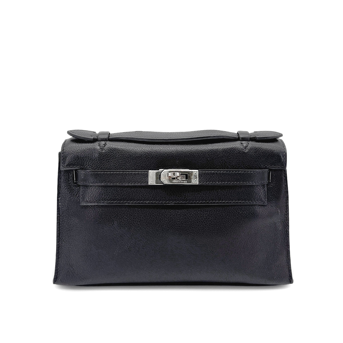 HERMES KELLY POCHETTE SELLIER BLACK EVERGRAIN HAND BAG □H SHW 90267766