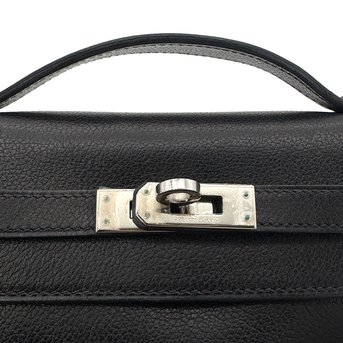 HERMES KELLY POCHETTE SELLIER BLACK EVERGRAIN HAND BAG □H SHW 90267766