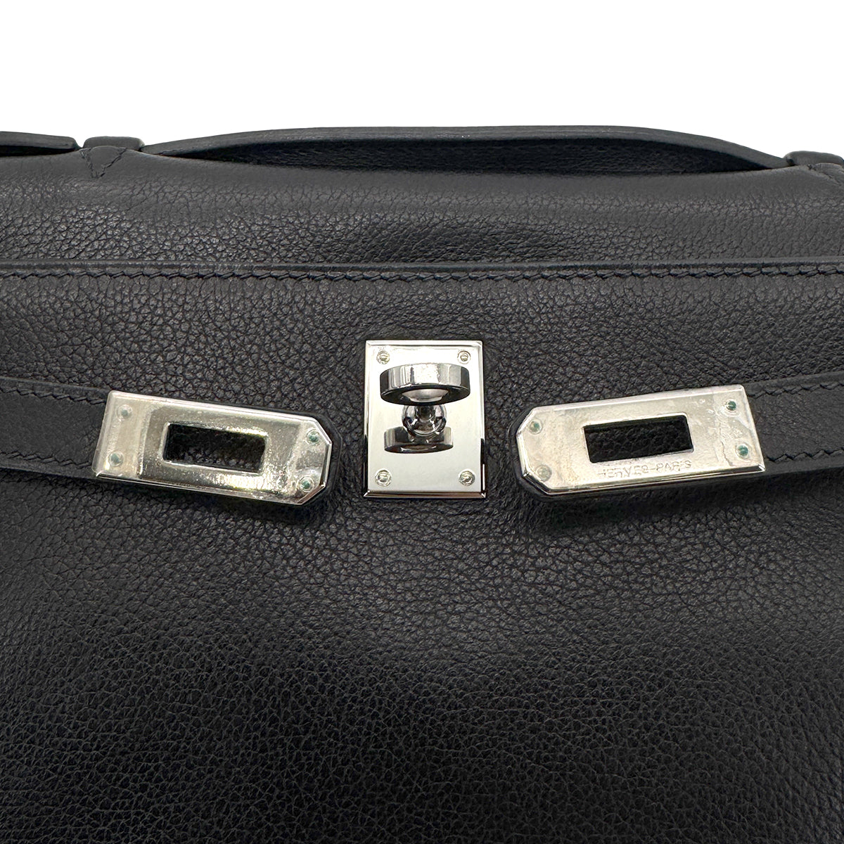 HERMES KELLY POCHETTE SELLIER BLACK EVERGRAIN HAND BAG □H SHW 90267766