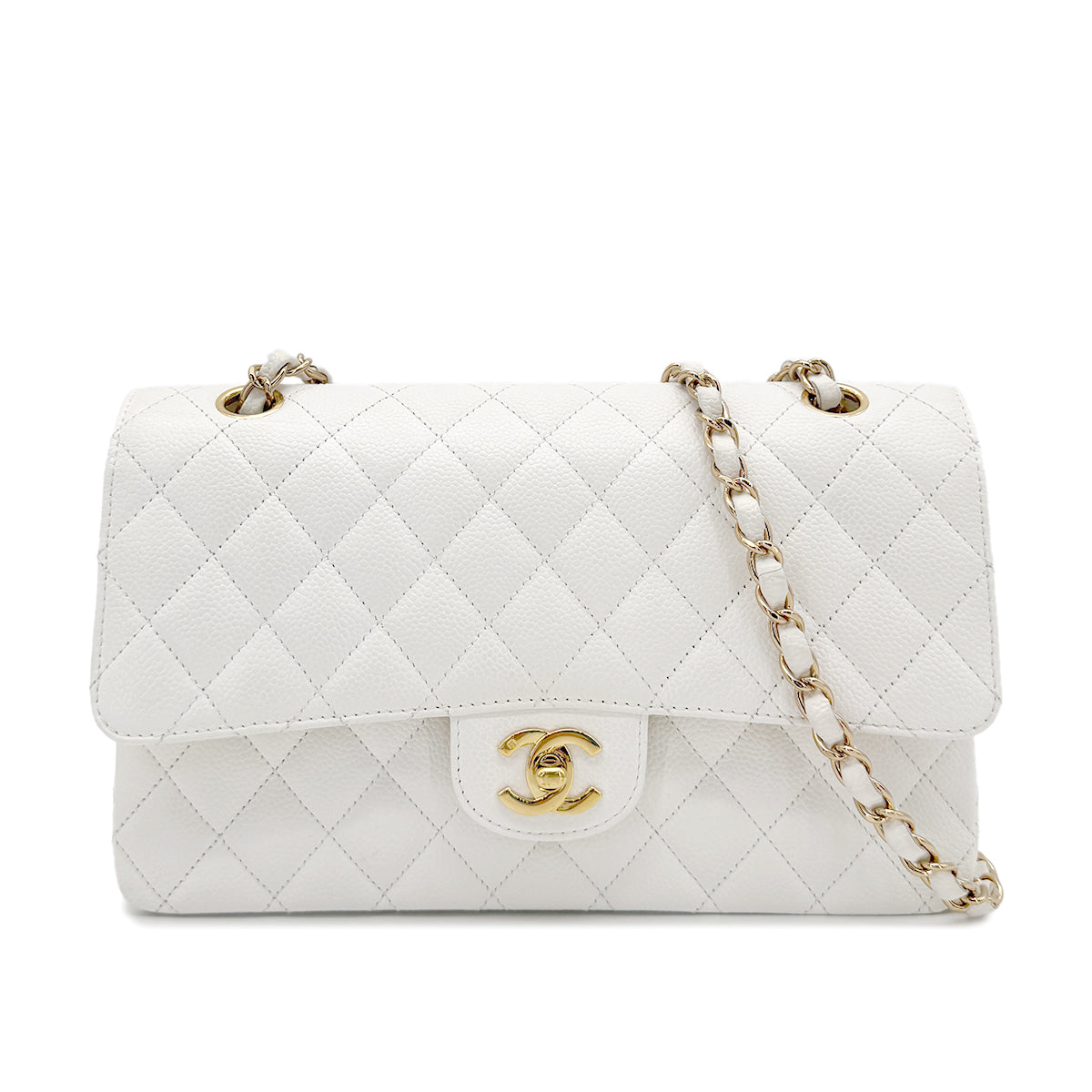 CHANEL VINTAGE CLASSIC FLAP MEDIUM CHAIN SHOULDER BAG WHITE CAVIAR SKIN 90267769