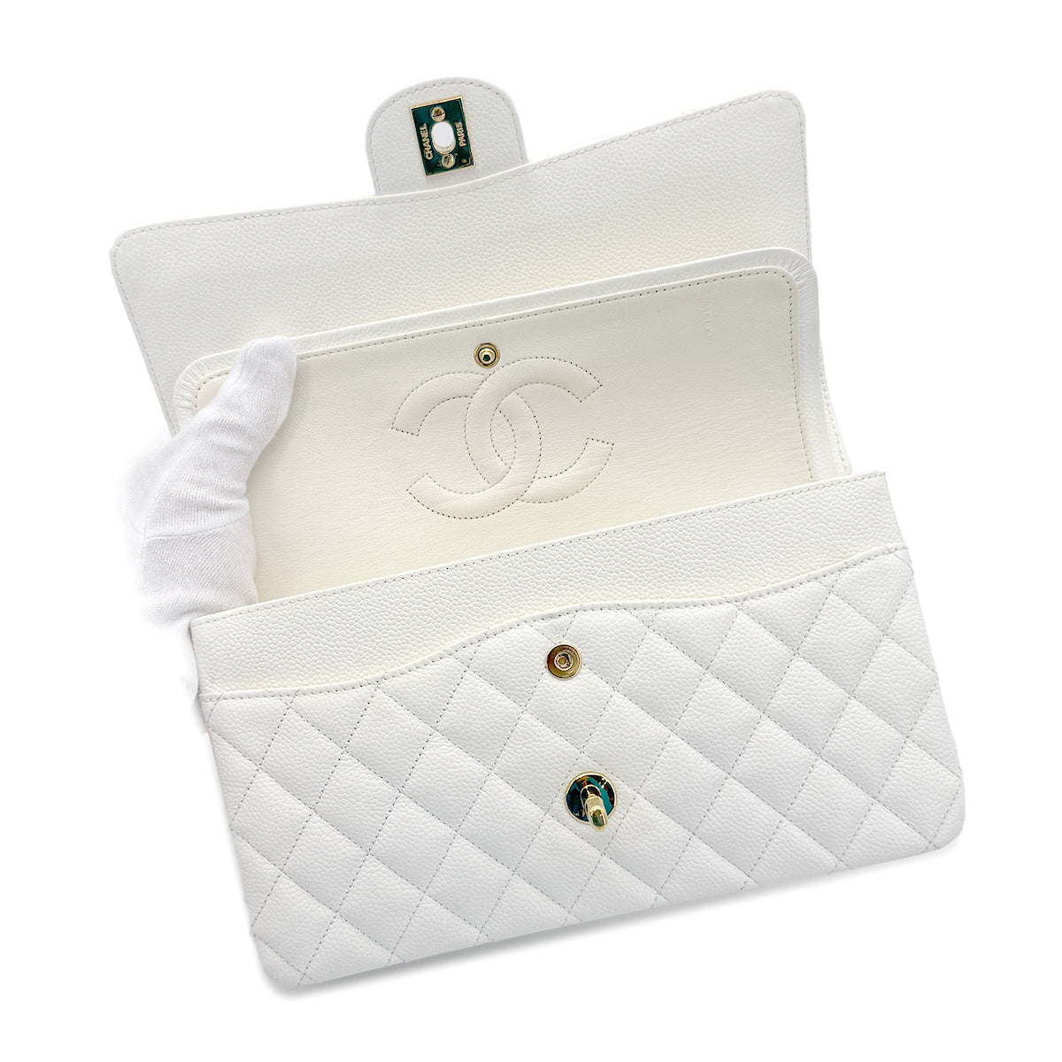 CHANEL VINTAGE CLASSIC FLAP MEDIUM CHAIN SHOULDER BAG WHITE CAVIAR SKIN 90267769