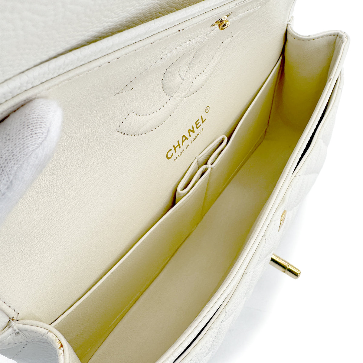 CHANEL VINTAGE CLASSIC FLAP MEDIUM CHAIN SHOULDER BAG WHITE CAVIAR SKIN 90267769