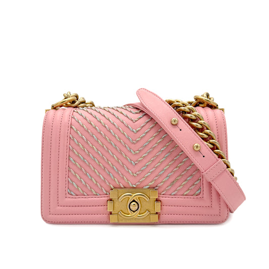 CHANEL BOYCHANEL SMALL CHAIN SHOULDER BAG PINK LAMB SKIN 90267777