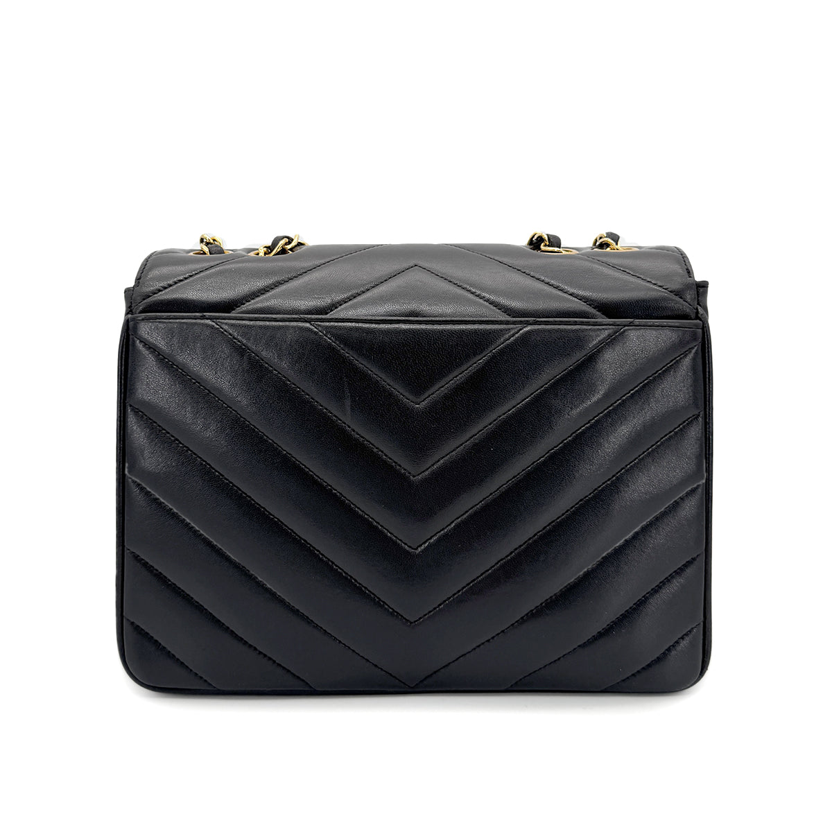 CHANEL VINTAGE V STITCH BLACK CHAIN SHOULDER BAG LAMB SKIN 90267778