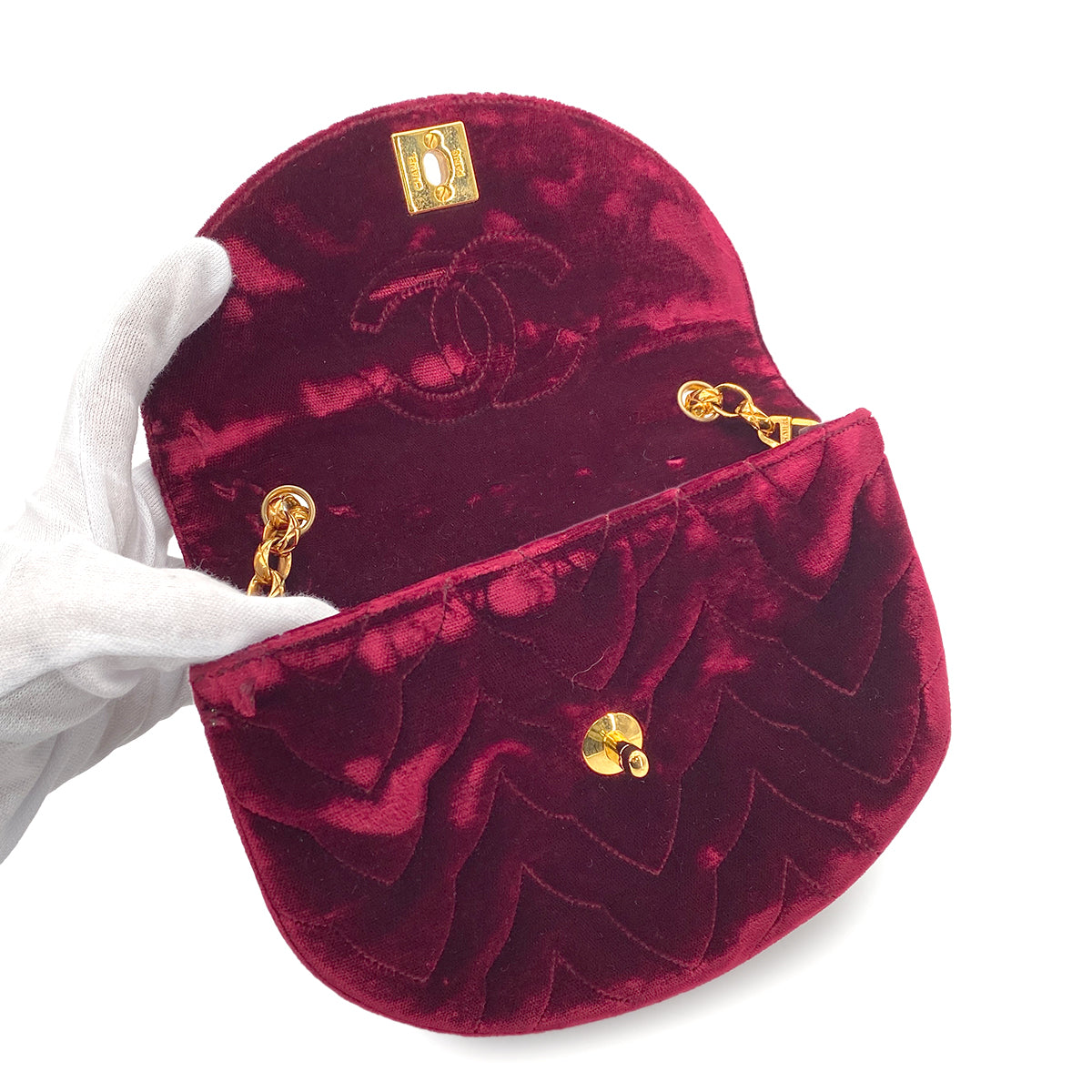 CHANEL VINTAGE MATELASSE BIJOU CHAIN SHOULDER BAG RED VELOR 90267779