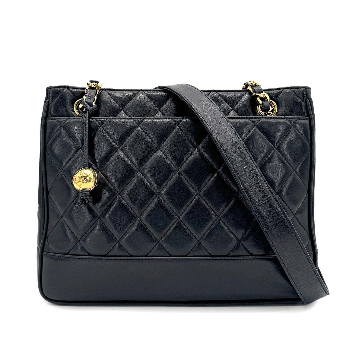 CHANEL VINTAGE MATELASSE COCO BALL CHAIN SHOULDER BAG BLACK LAMB SKIN 90268080