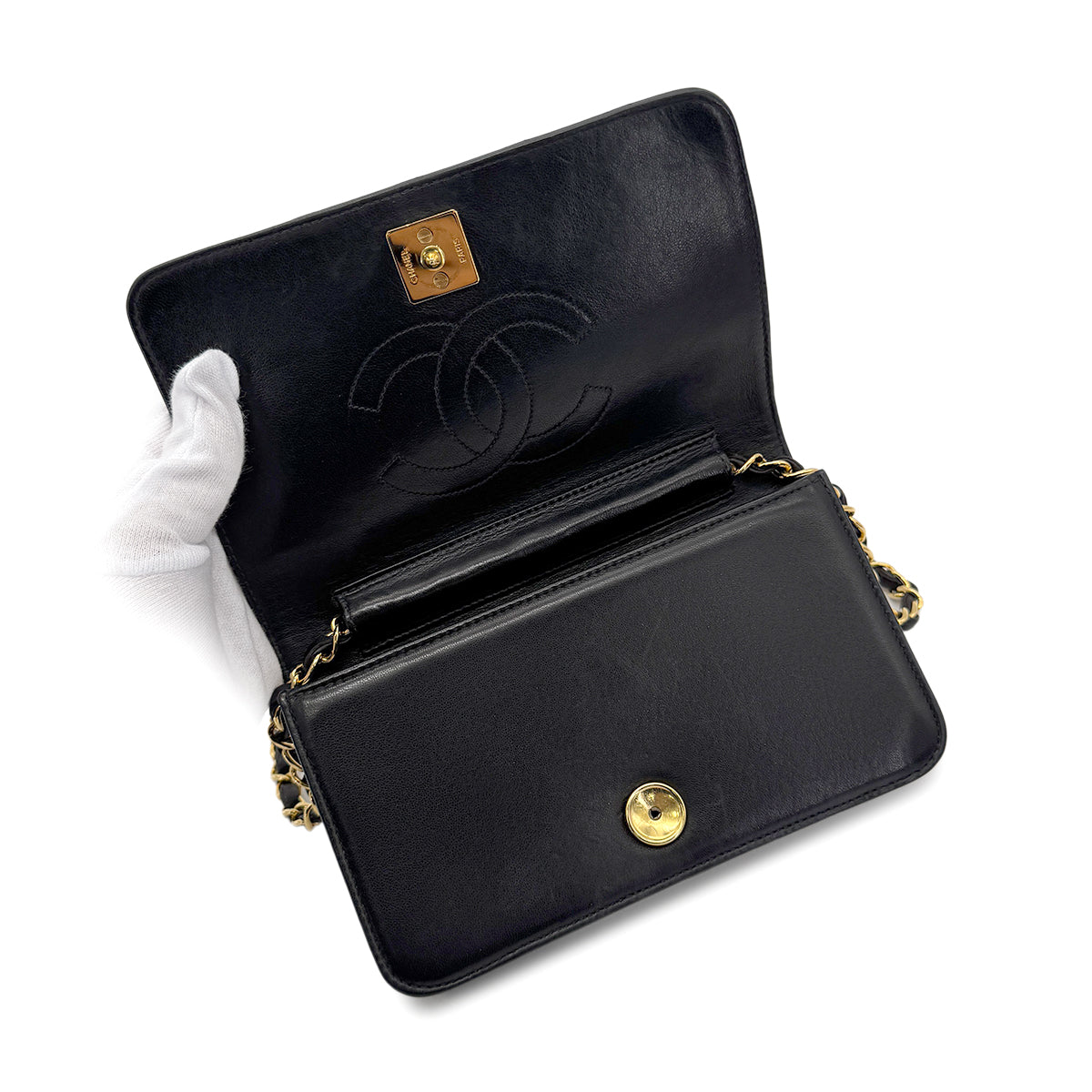 CHANEL VINTAGE FULL FLAP CHAIN SHOULDER BAG BLACK LAMB SKIN 90268082