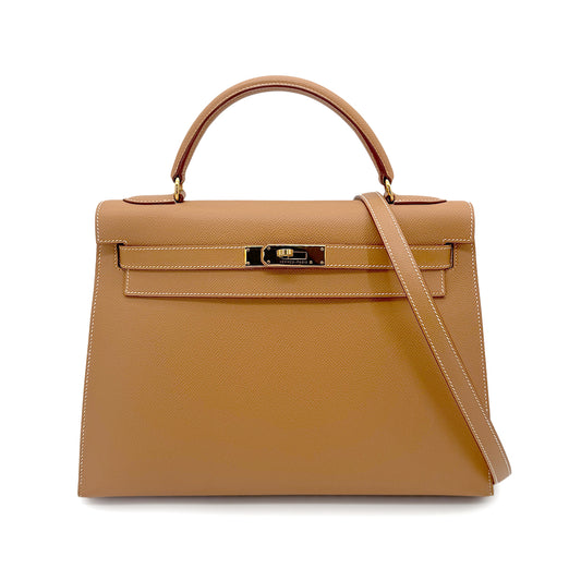 HERMES KELLY 32 SELLIER NATURAL COUCHVEL HAND SHOULDER BAG □C GHW 90268083