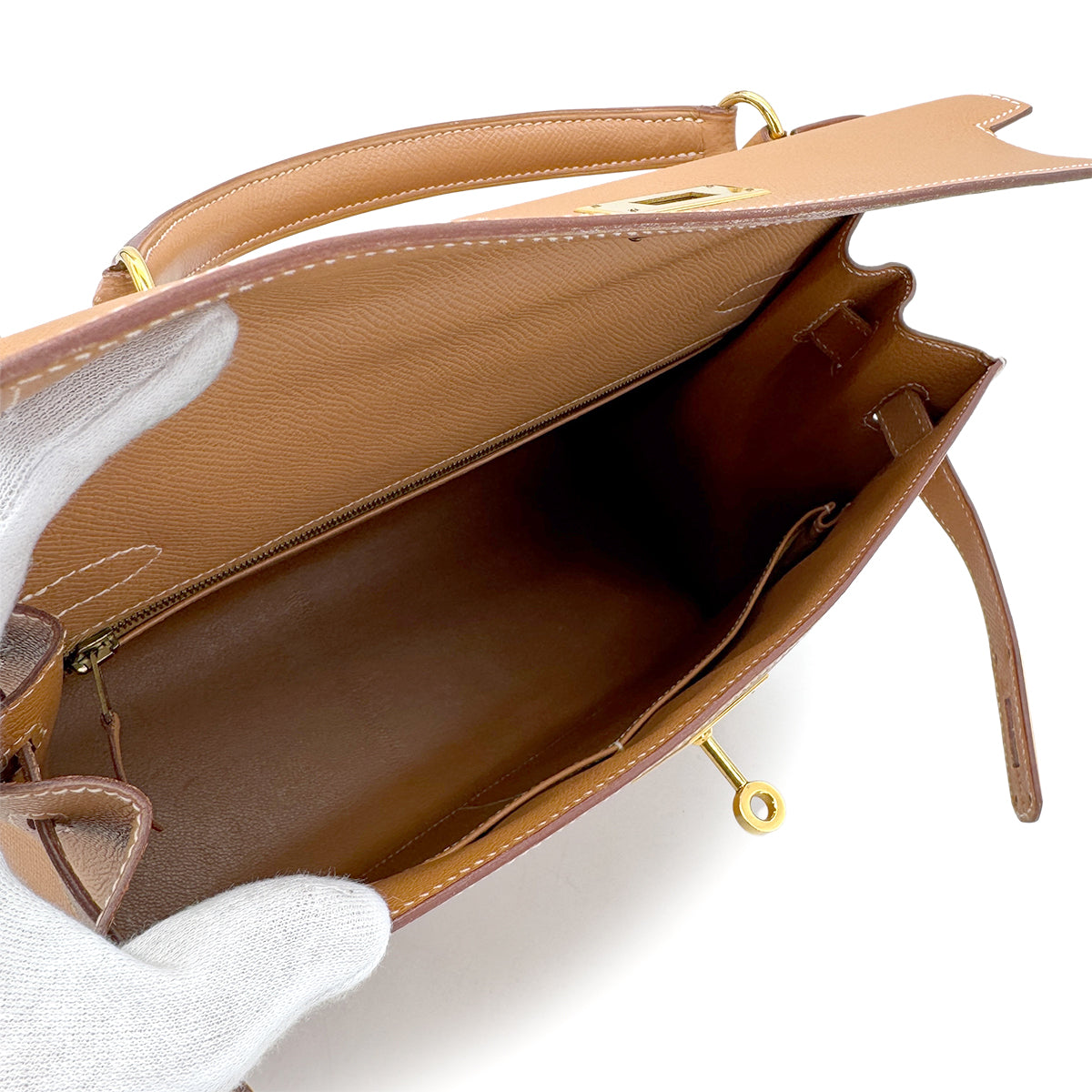 HERMES KELLY 32 SELLIER NATURAL COUCHVEL HAND SHOULDER BAG □C GHW 90268083