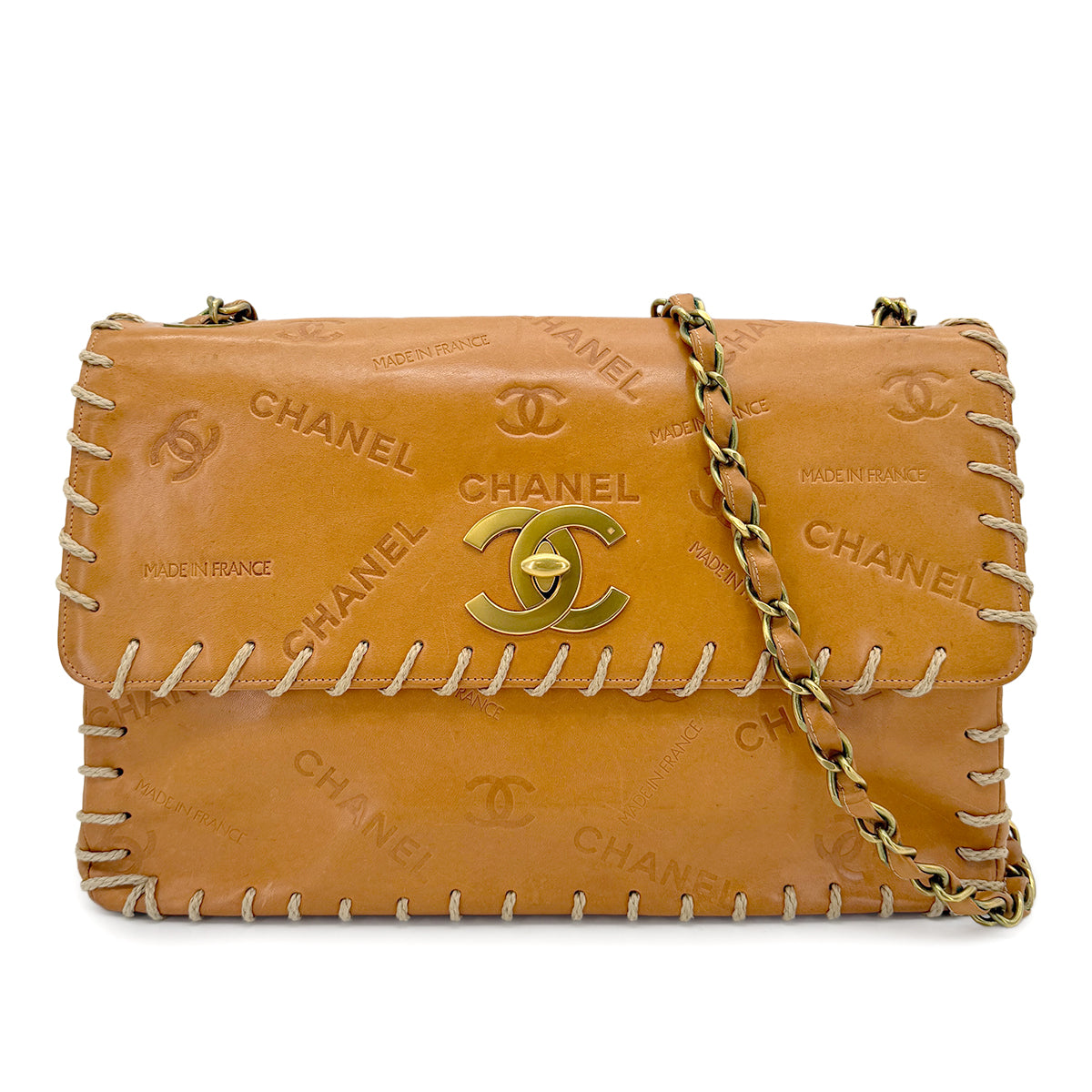 CHANEL VINTAGE MAXI 34 BIG COCO CHAIN SHOULDER BAG BEIGE LEATHER 90268084