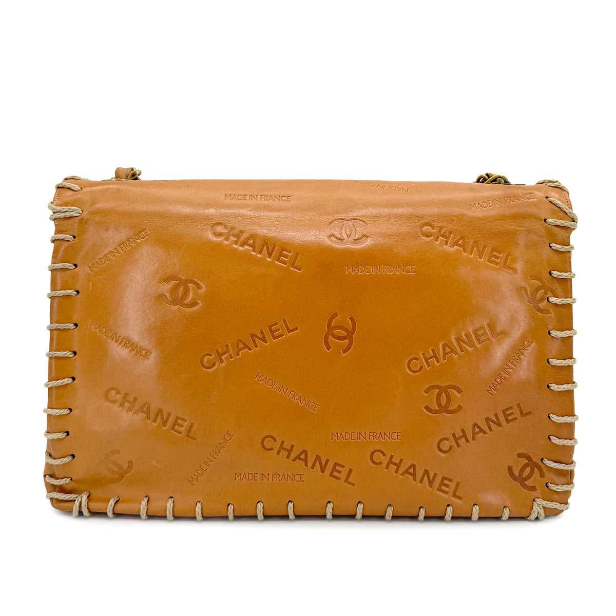 CHANEL VINTAGE MAXI 34 BIG COCO CHAIN SHOULDER BAG BEIGE LEATHER 90268084