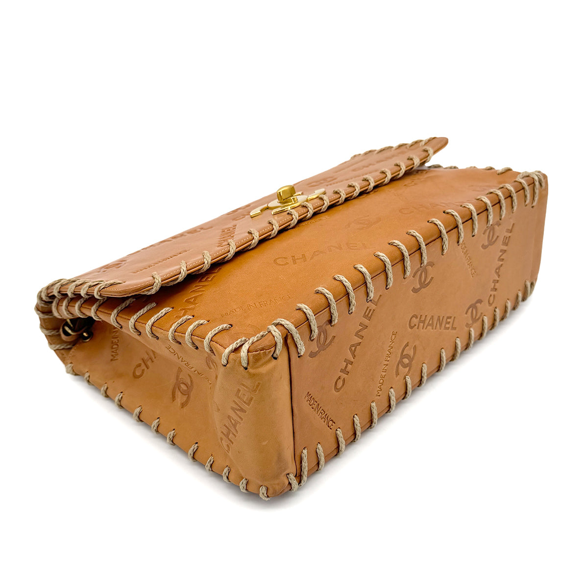 CHANEL VINTAGE MAXI 34 BIG COCO CHAIN SHOULDER BAG BEIGE LEATHER 90268084