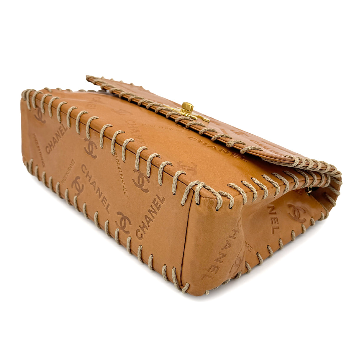 CHANEL VINTAGE MAXI 34 BIG COCO CHAIN SHOULDER BAG BEIGE LEATHER 90268084