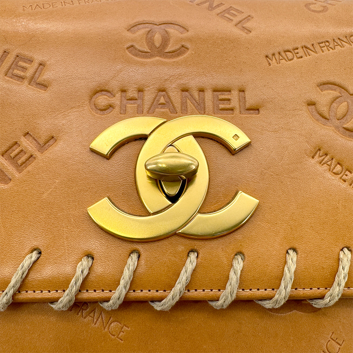 CHANEL VINTAGE MAXI 34 BIG COCO CHAIN SHOULDER BAG BEIGE LEATHER 90268084