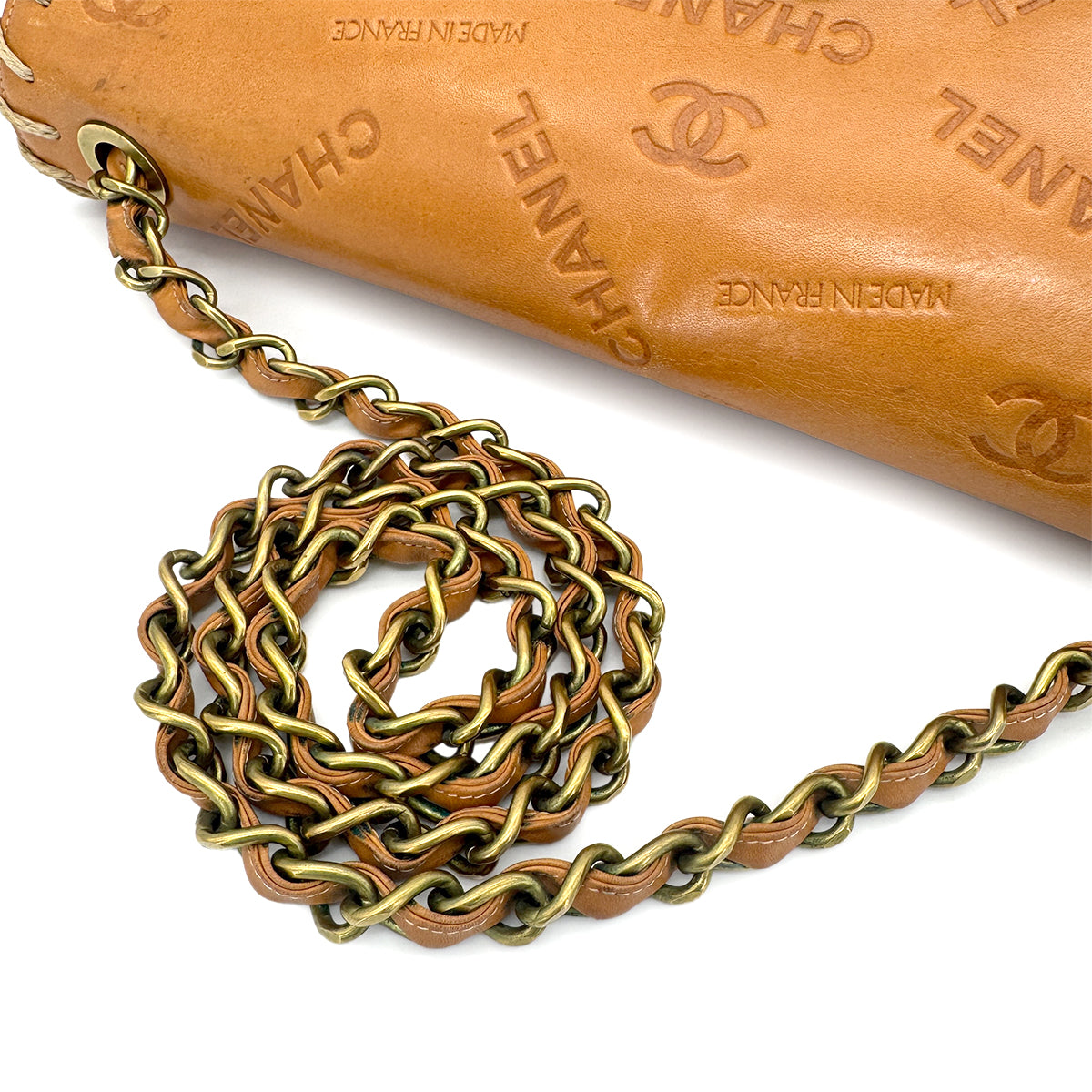 CHANEL VINTAGE MAXI 34 BIG COCO CHAIN SHOULDER BAG BEIGE LEATHER 90268084