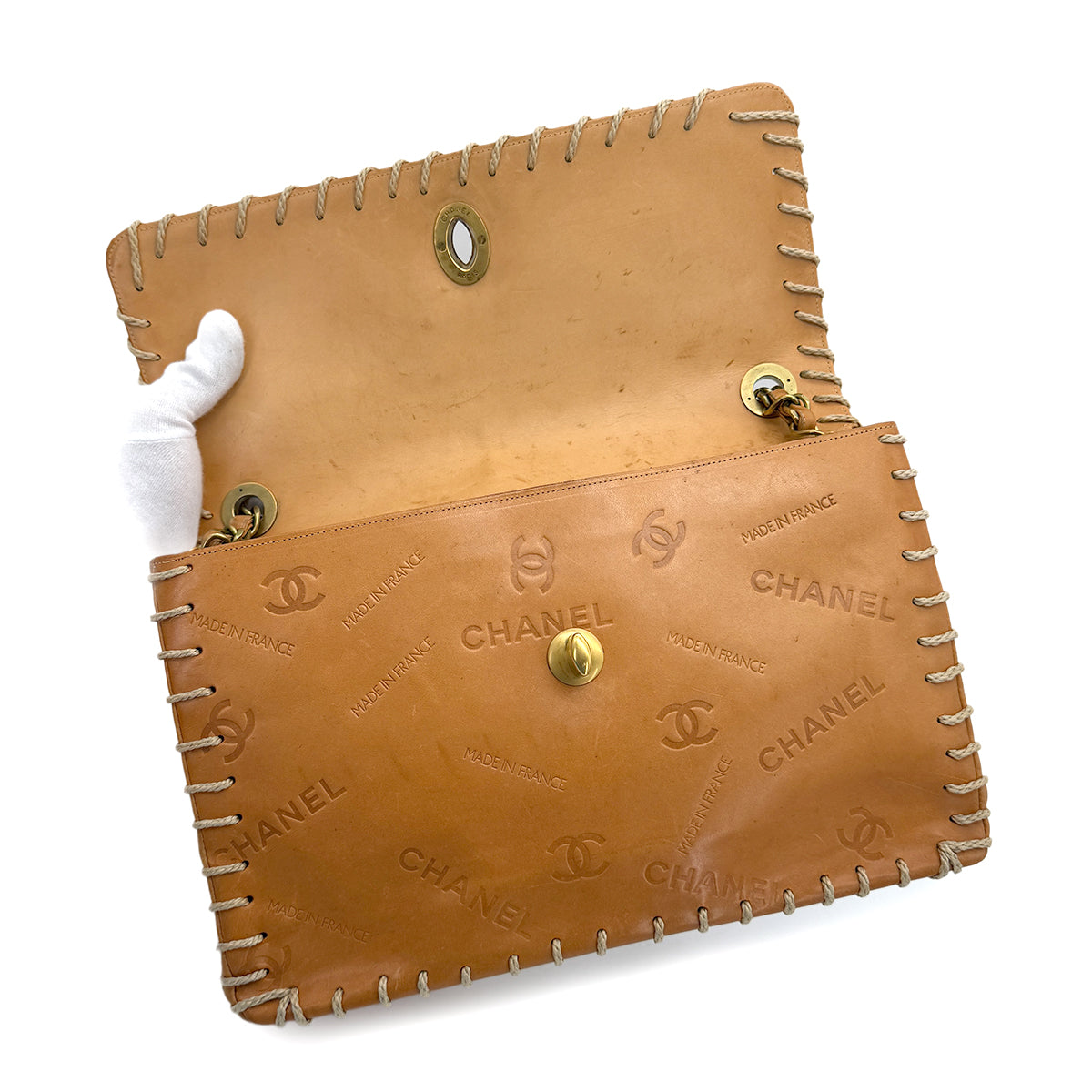 CHANEL VINTAGE MAXI 34 BIG COCO CHAIN SHOULDER BAG BEIGE LEATHER 90268084