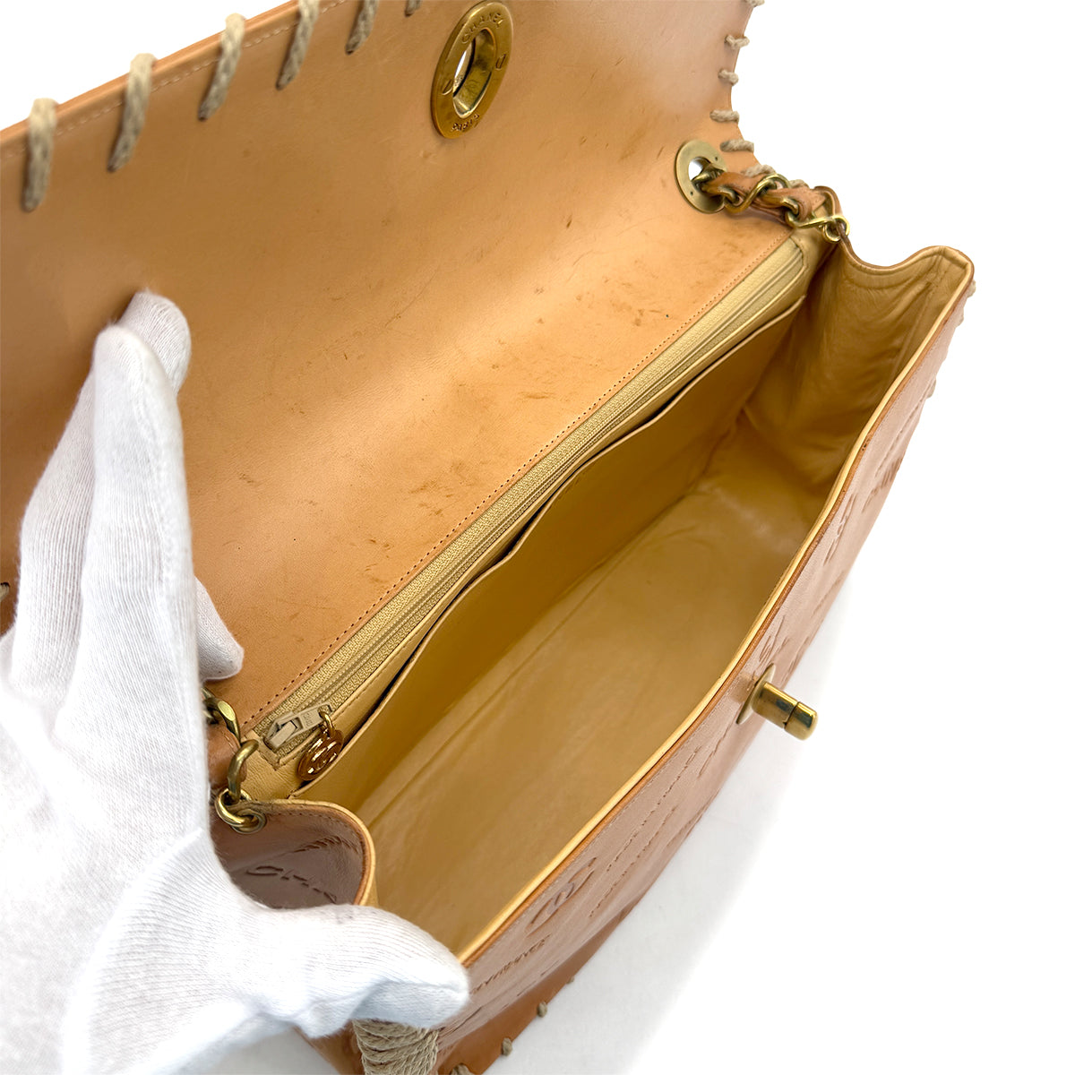 CHANEL VINTAGE MAXI 34 BIG COCO CHAIN SHOULDER BAG BEIGE LEATHER 90268084