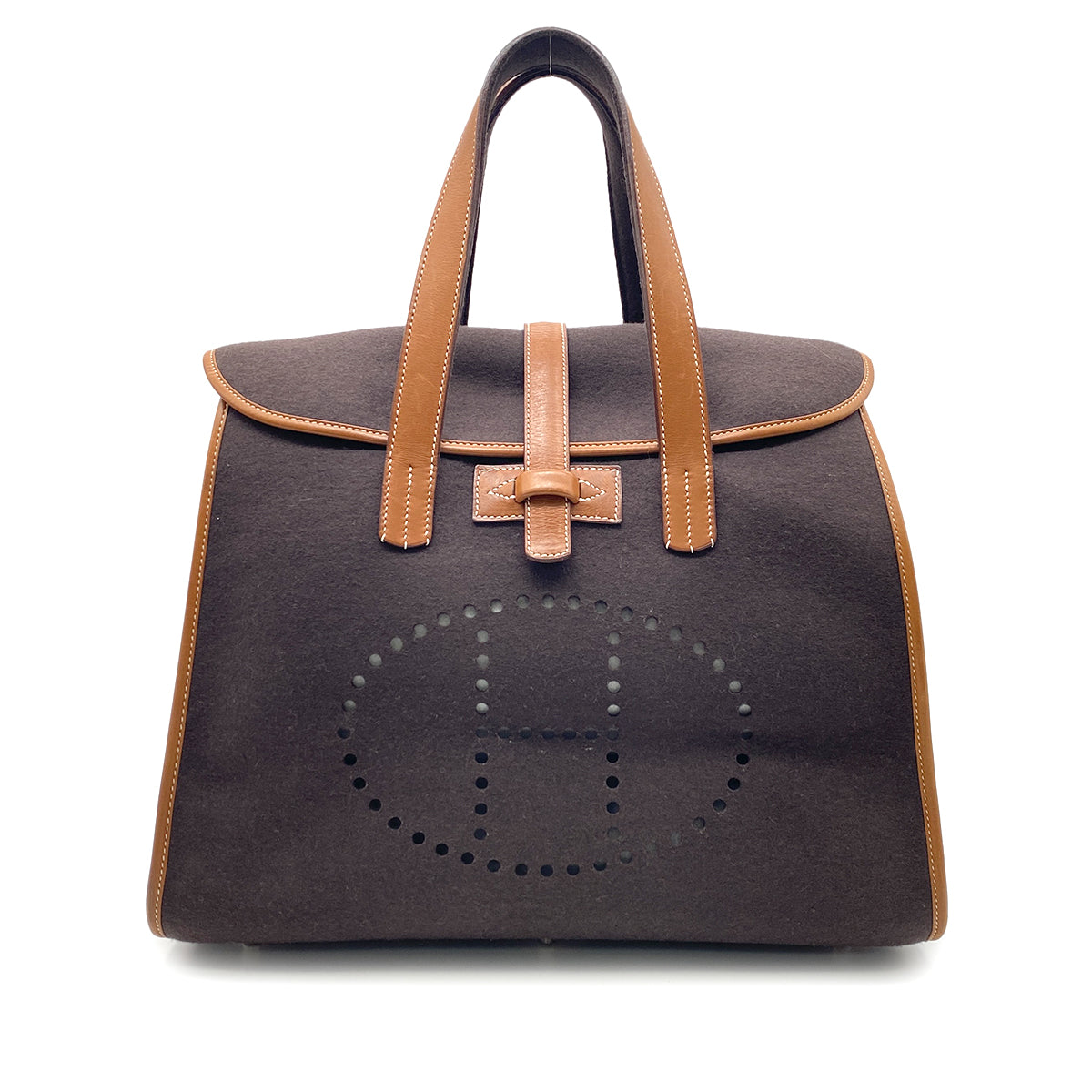 HERMES FEU DOU TOTE BAG BROWN FELT FABRIC LEATHER □K 9026819