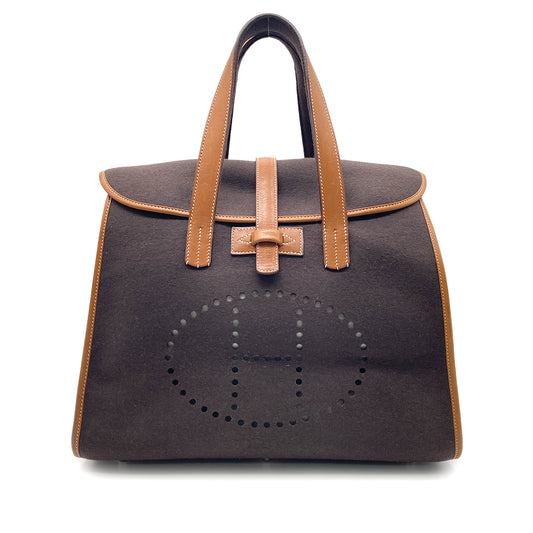 HERMES FEU DOU TOTE BAG BROWN FELT FABRIC LEATHER □K 9026819