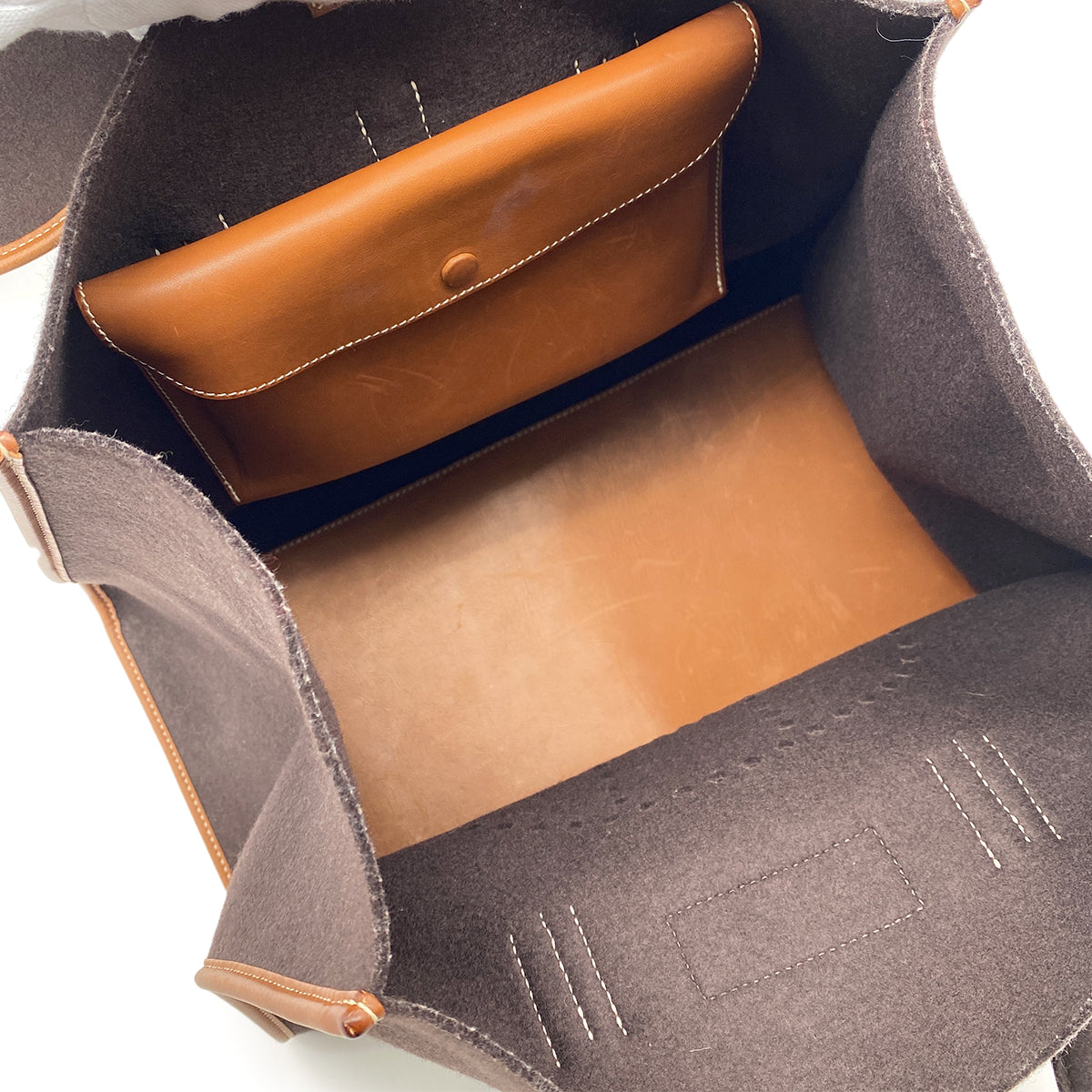 HERMES FEU DOU TOTE BAG BROWN FELT FABRIC LEATHER □K 9026819