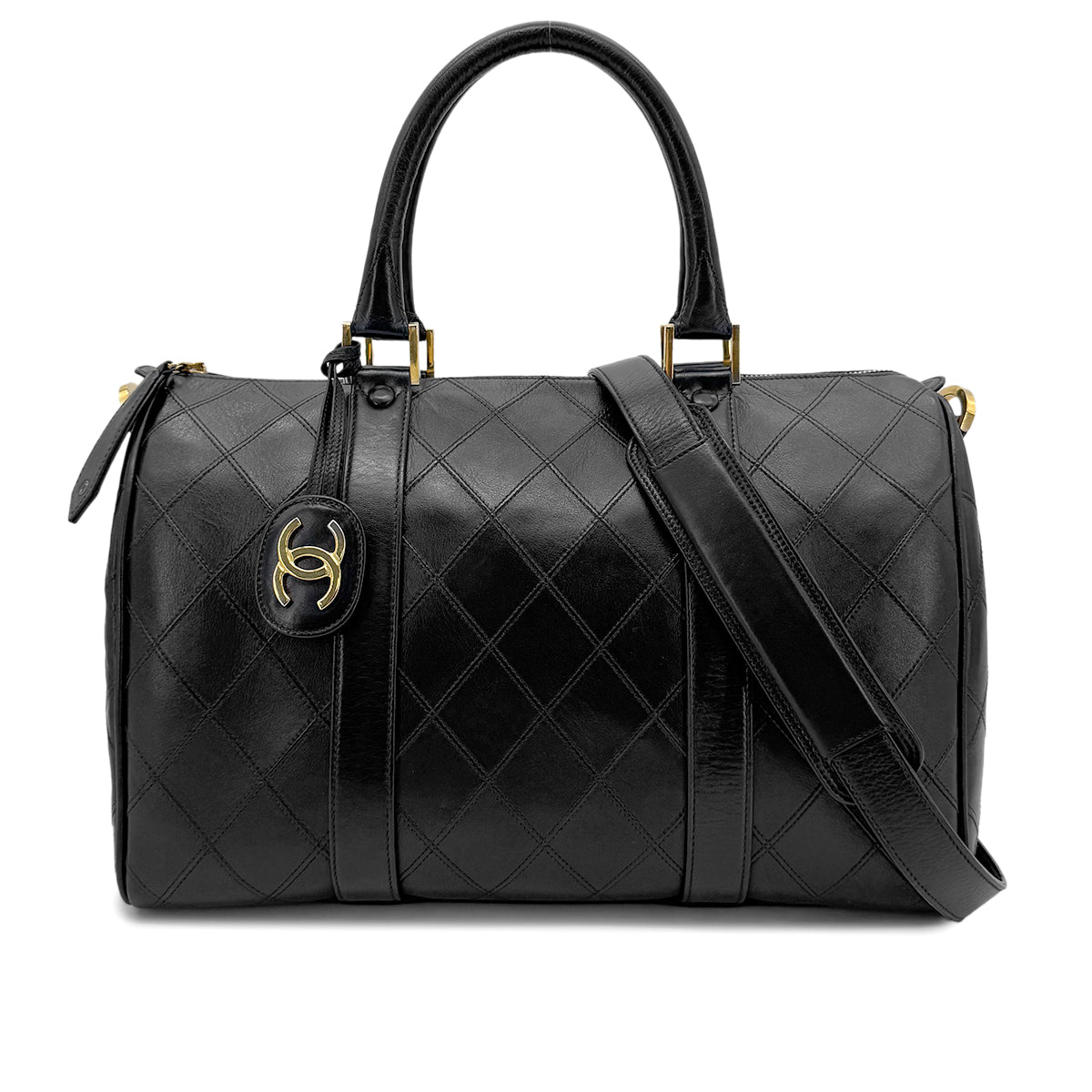 CHANEL VINTAGE BICOLORE BOSTON SHOULDER BAG BLACK LEATHER 90268818