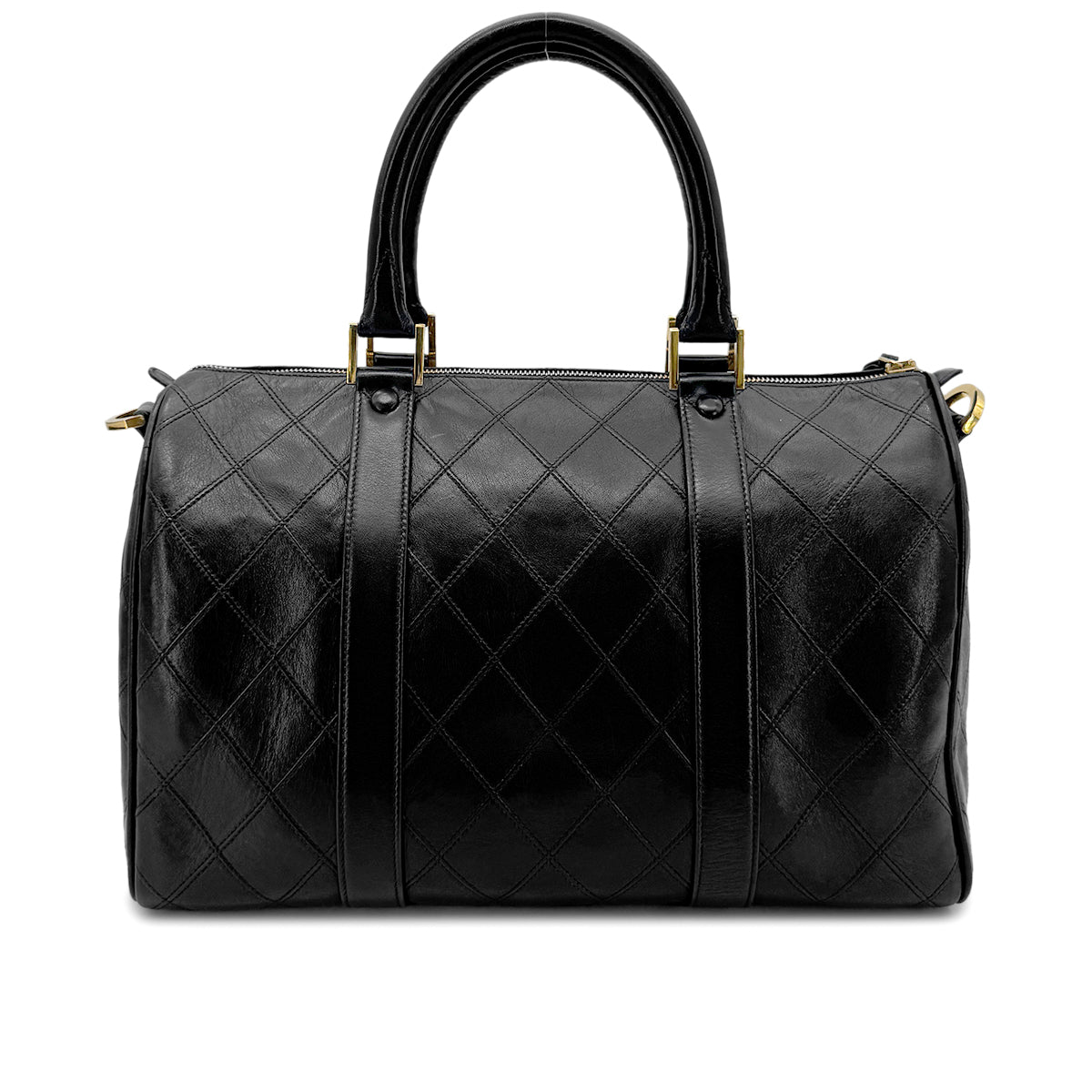 CHANEL VINTAGE BICOLORE BOSTON SHOULDER BAG BLACK LEATHER 90268818