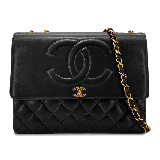 CHANEL VINTAGE BIG COCO MATELASSE CHAIN SHOULDER BAG BLACK LAMB SKIN 90268819