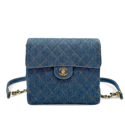 CHANEL VINTAGE MATELASSE CHAIN BACK PACK BLUE DENIM 90268820