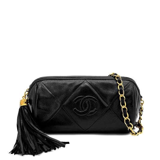 CHANEL VINTAGE FRINGE SHOULDER BAG BLACK LAMB SKIN 90268821