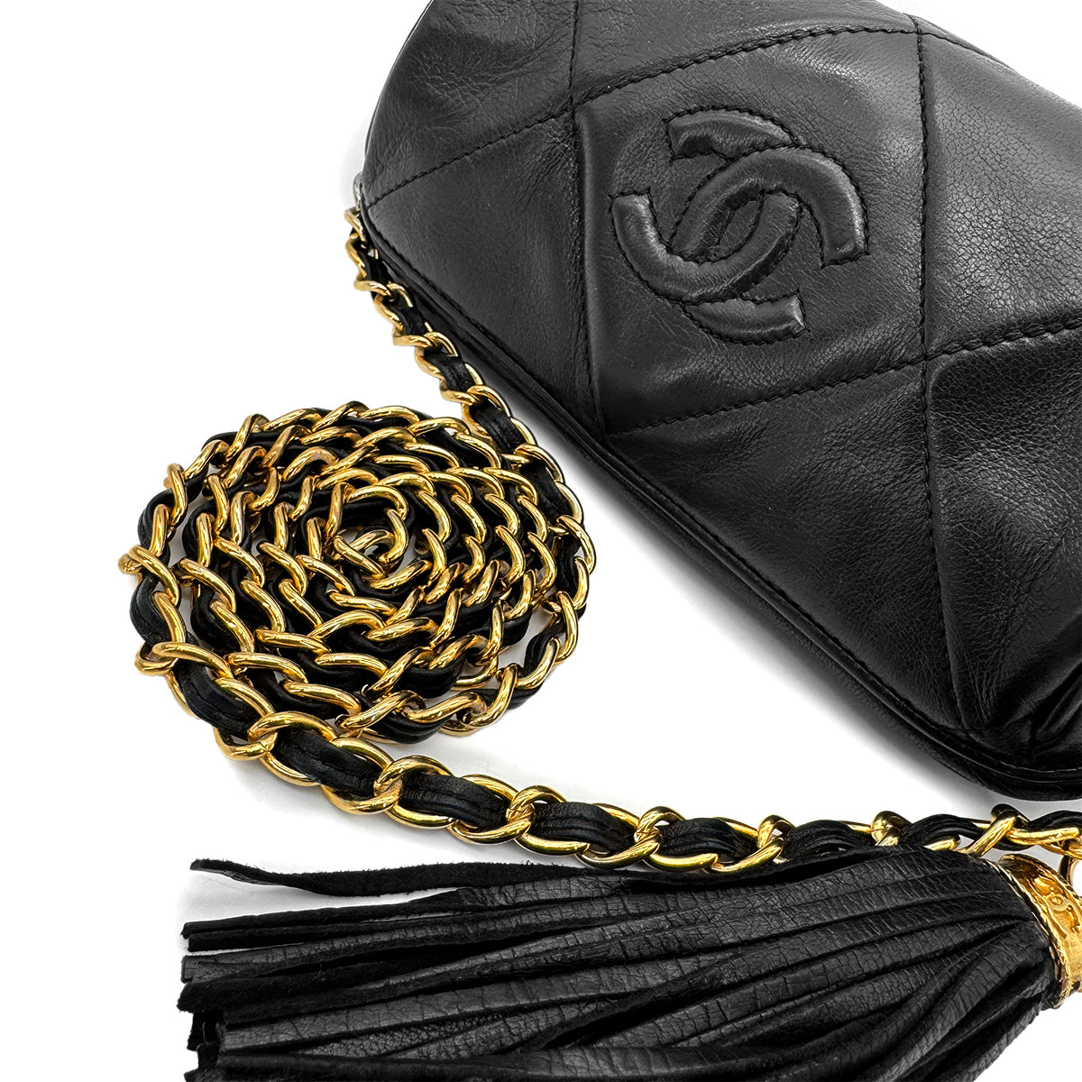 CHANEL VINTAGE FRINGE SHOULDER BAG BLACK LAMB SKIN 90268821