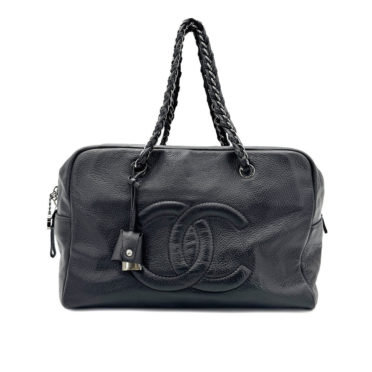 CHANEL VINTAGE BIG COCO CHAIN BOSTON BAG BLACK LEATHER 90268826