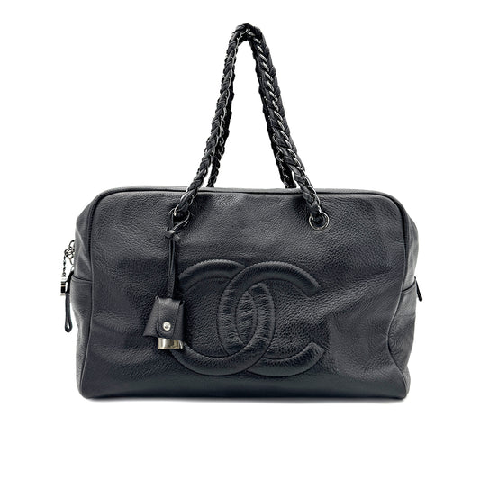 CHANEL VINTAGE BIG COCO CHAIN BOSTON BAG BLACK LEATHER 90268826