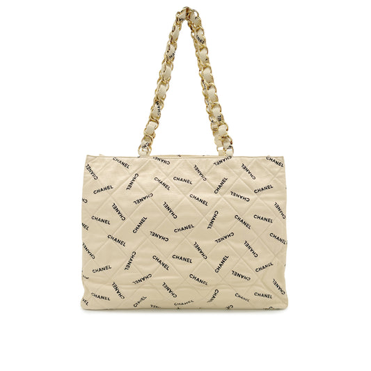 CHANEL VINTAGE MATELASSE LOGO CHAIN TOTE BAG BEIGE CANVAS 90268834