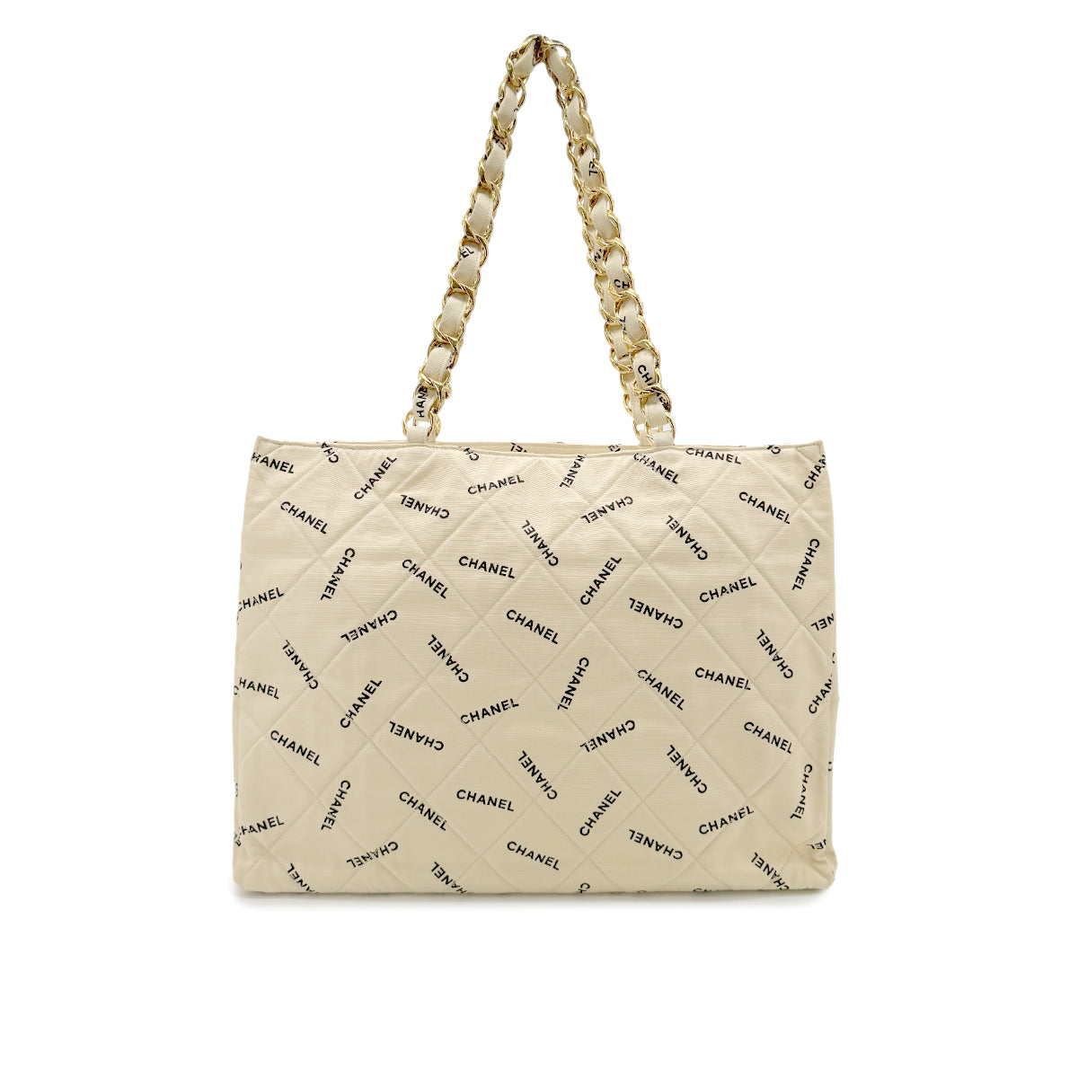 CHANEL VINTAGE MATELASSE LOGO CHAIN TOTE BAG BEIGE CANVAS 90268834
