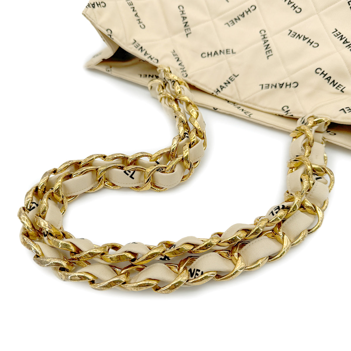 CHANEL VINTAGE MATELASSE LOGO CHAIN TOTE BAG BEIGE CANVAS 90268834
