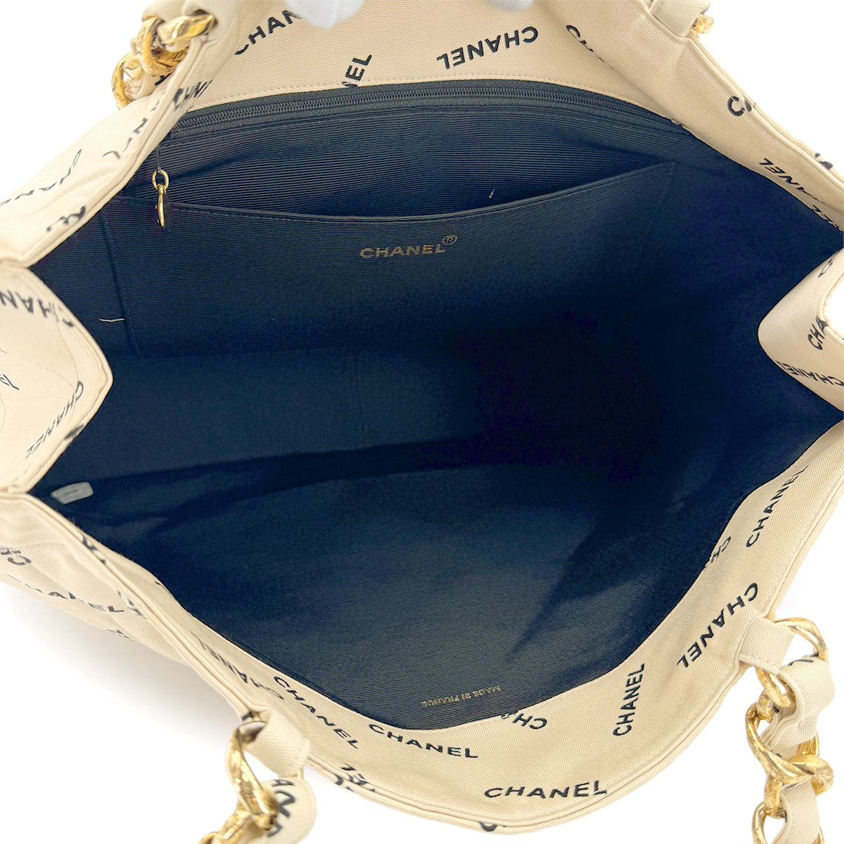 CHANEL VINTAGE MATELASSE LOGO CHAIN TOTE BAG BEIGE CANVAS 90268834