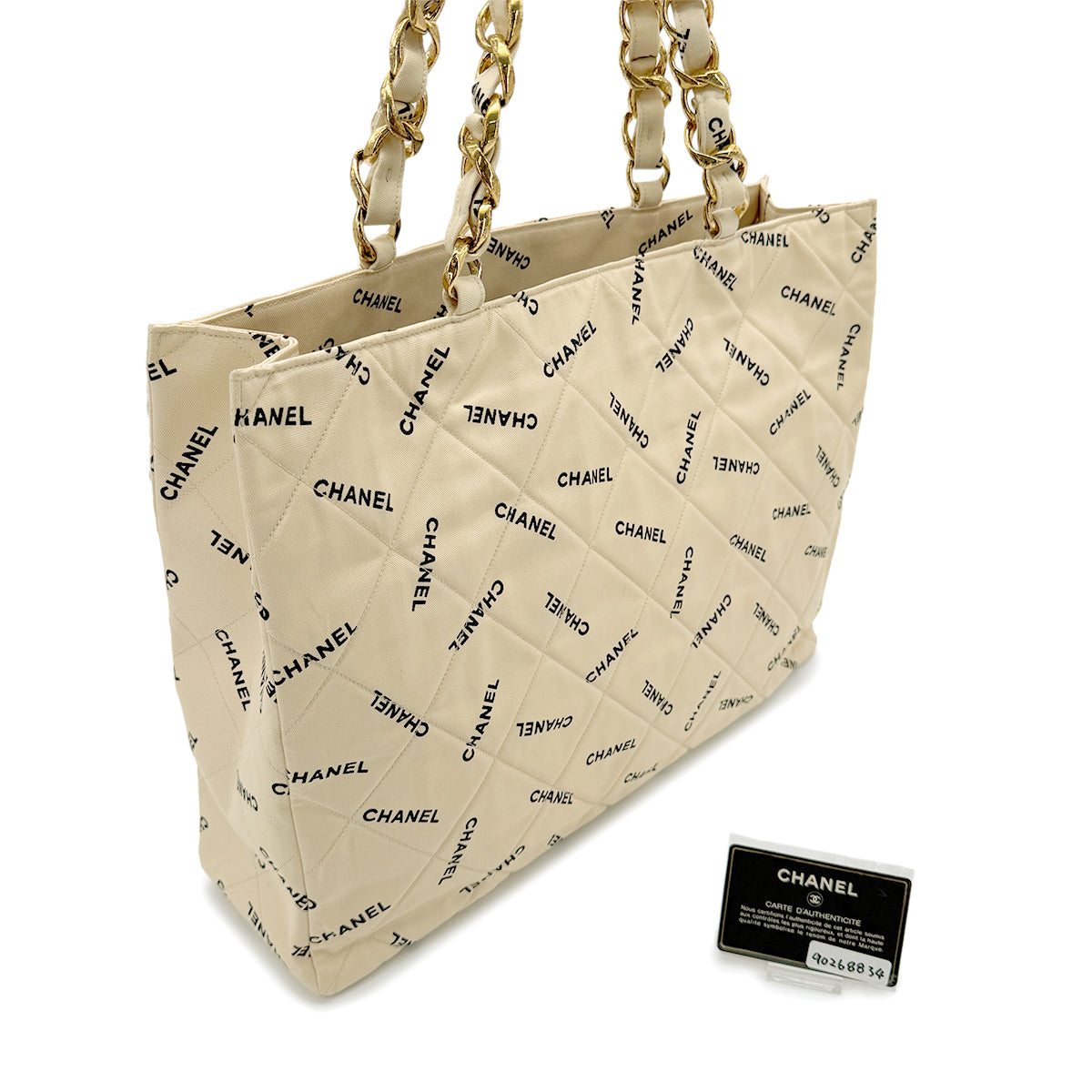 CHANEL VINTAGE MATELASSE LOGO CHAIN TOTE BAG BEIGE CANVAS 90268834