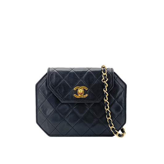 CHANEL VINTAGE OCTAGON CHAIN SHOULDER BAG BLACK LAMB SKIN 90268836