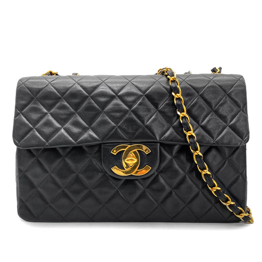 CHANEL VINTAGE MAXI MATELASSE 34 CHAIN SHOULDER BAG BLACK LAMB SKIN 90268867