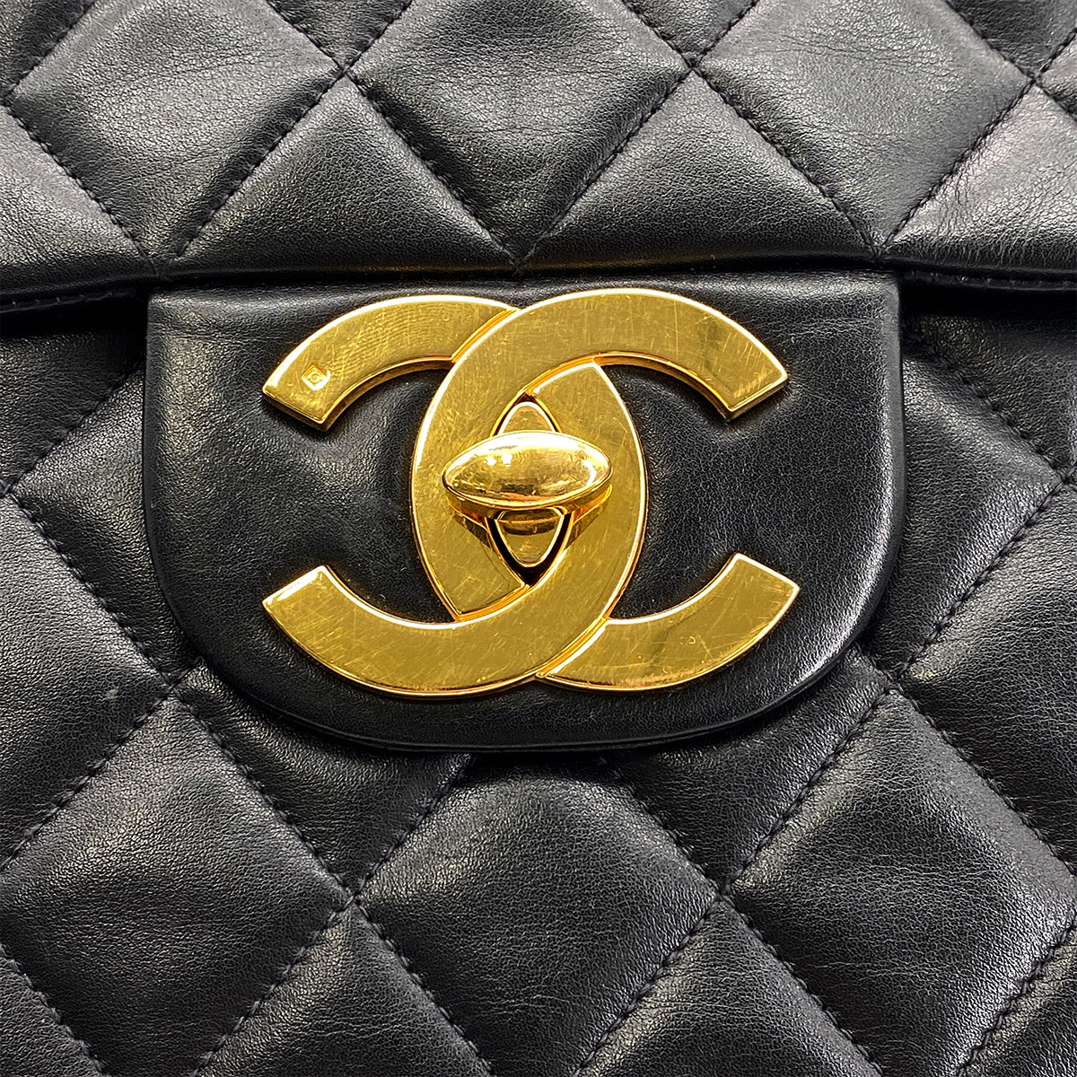 CHANEL VINTAGE MAXI MATELASSE 34 CHAIN SHOULDER BAG BLACK LAMB SKIN 90268867
