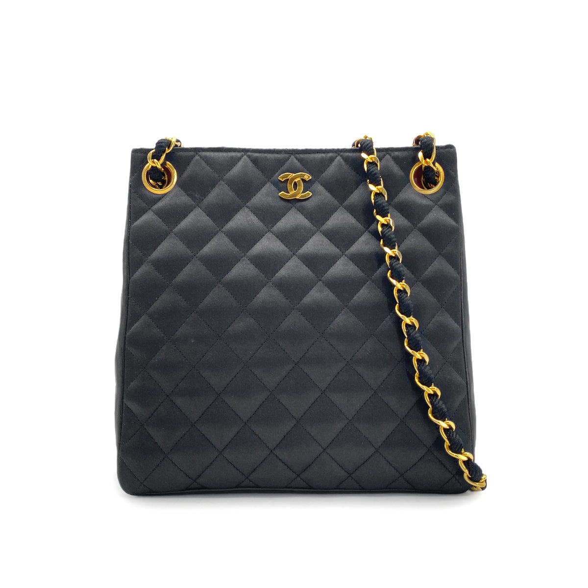 CHANEL VINTAGE MATELASSE CHAIN TOTE BAG BLACK SATIN LAMB SKIN 90268876