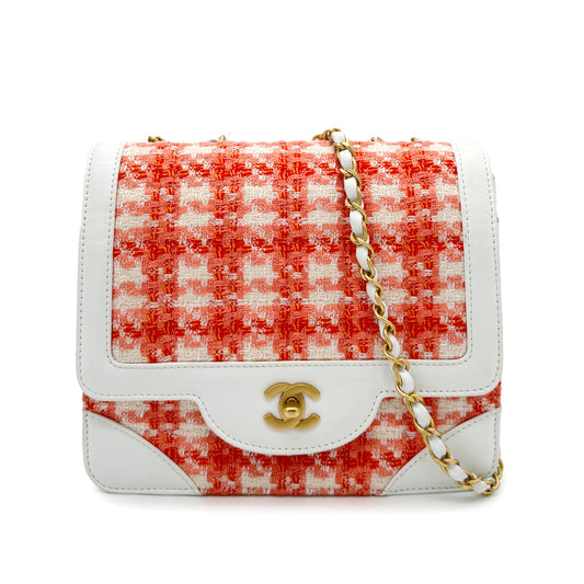 CHANEL VINTAGECHAIN SHOULDER BAG WHITE ORANGE TWEED LEATHER 90268877