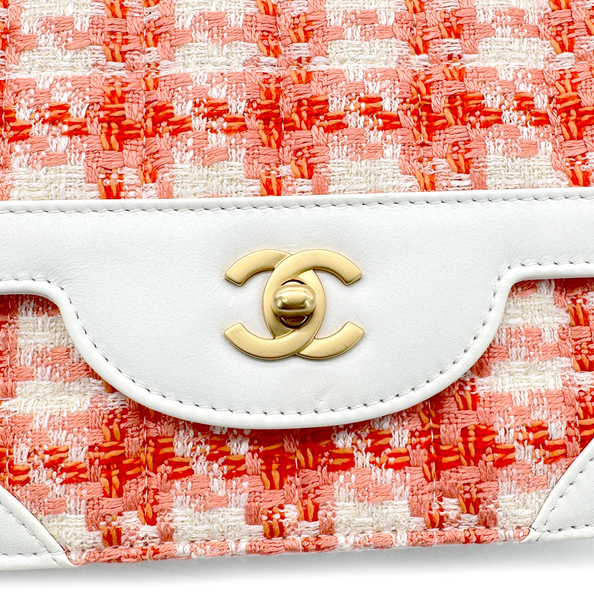 CHANEL VINTAGECHAIN SHOULDER BAG WHITE ORANGE TWEED LEATHER 90268877
