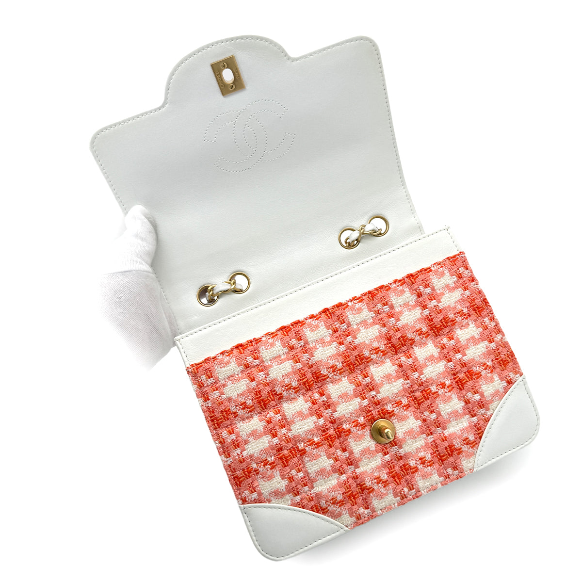 CHANEL VINTAGECHAIN SHOULDER BAG WHITE ORANGE TWEED LEATHER 90268877