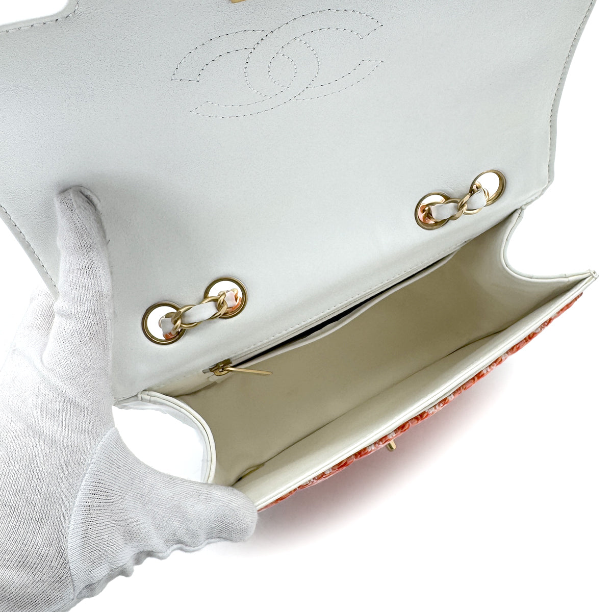 CHANEL VINTAGECHAIN SHOULDER BAG WHITE ORANGE TWEED LEATHER 90268877