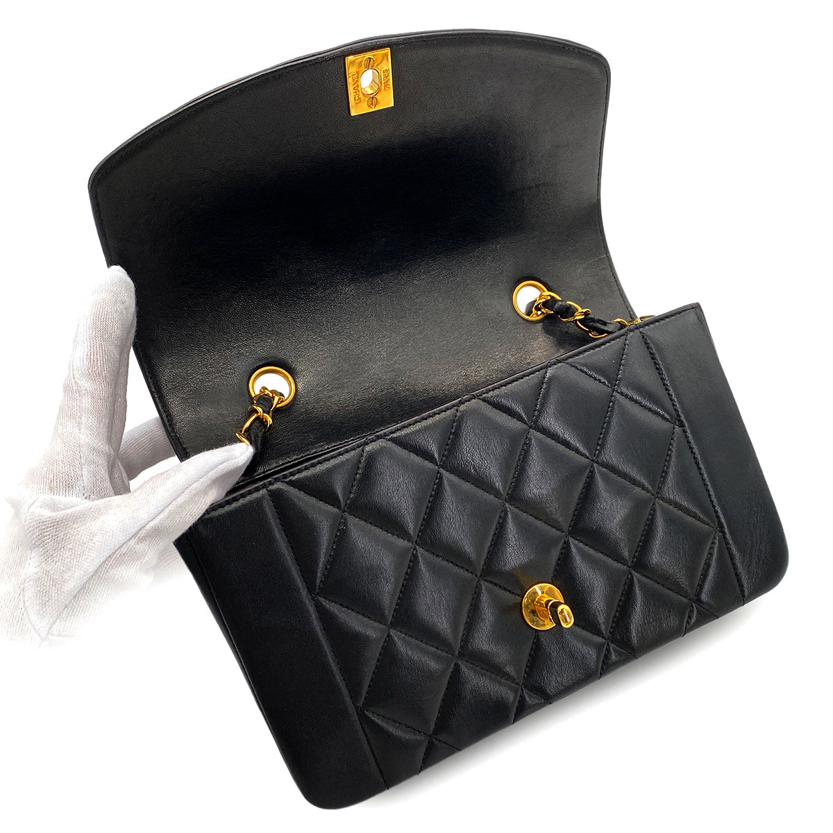 CHANEL VINTAGE DIANA SMALL CHAIN SHOULDER BAG BLACK LAMB SKIN 90268880