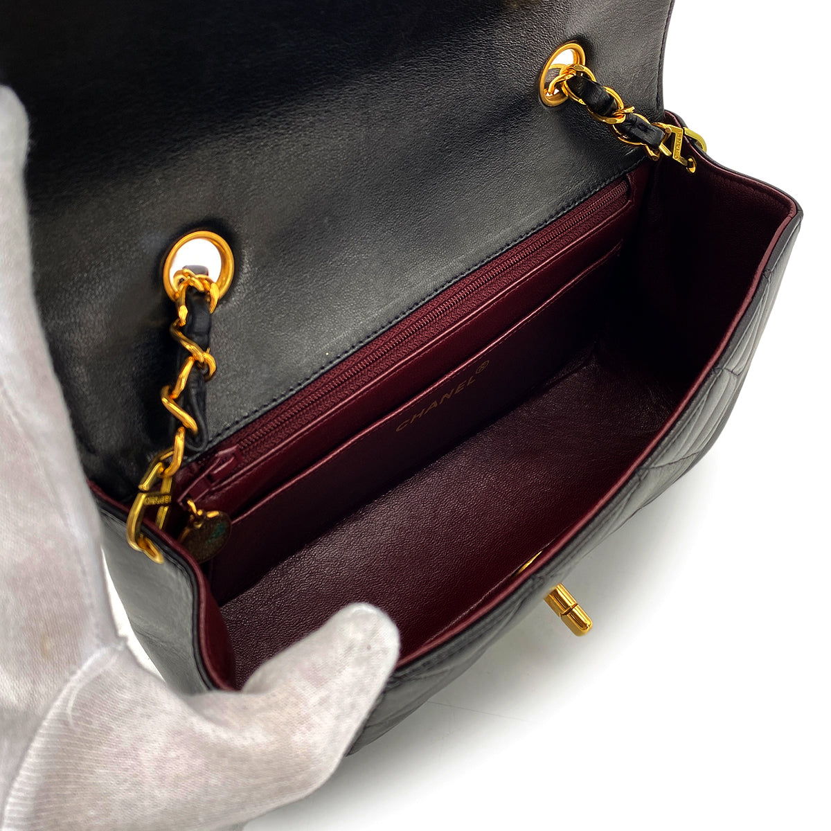 CHANEL VINTAGE DIANA SMALL CHAIN SHOULDER BAG BLACK LAMB SKIN 90268880